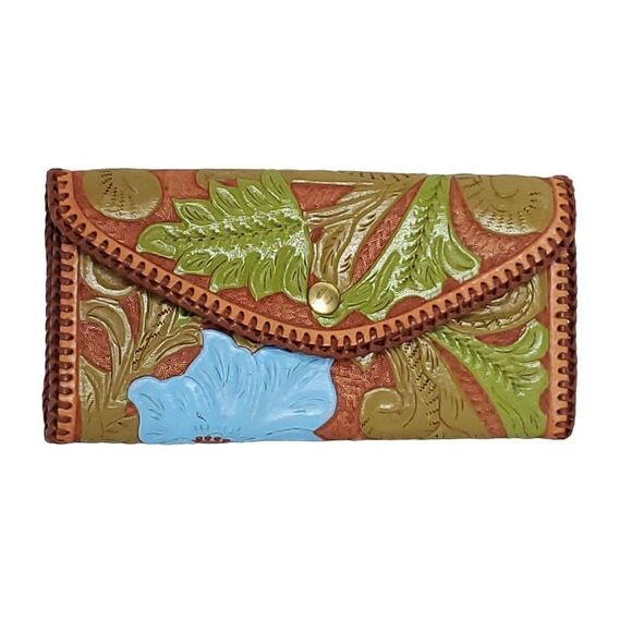 Vtg Hand Tooled Painted Leather Clutch Tri-Fold Wallet Floral Western Boho - Picture 1 of 5